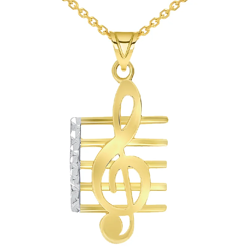 women link necklaces -14k Yellow Gold Textured G Clef Musical Note On Staff Pendant Necklace with Cable Chain