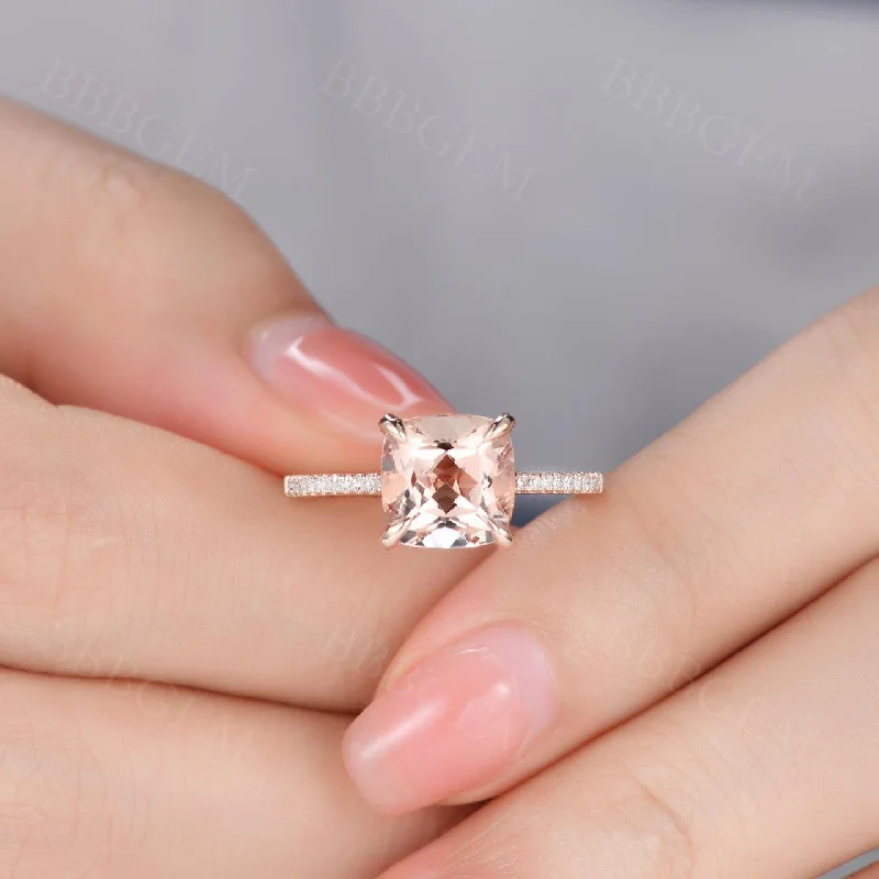 women classic engagement rings -8mm Cushion Morganite Engagement Ring Diamond Wedding Ring 14k Rose Gold Claw Prongs Curved Basket Under