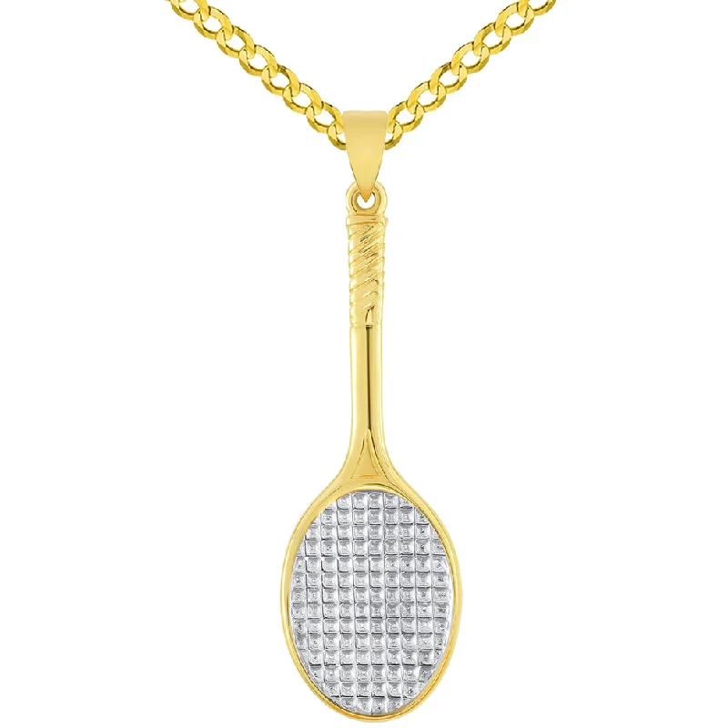 women luxury diamond necklaces -Solid 14k Yellow Gold Classic Tennis Racket Sports Pendant with Curb Chain Necklace