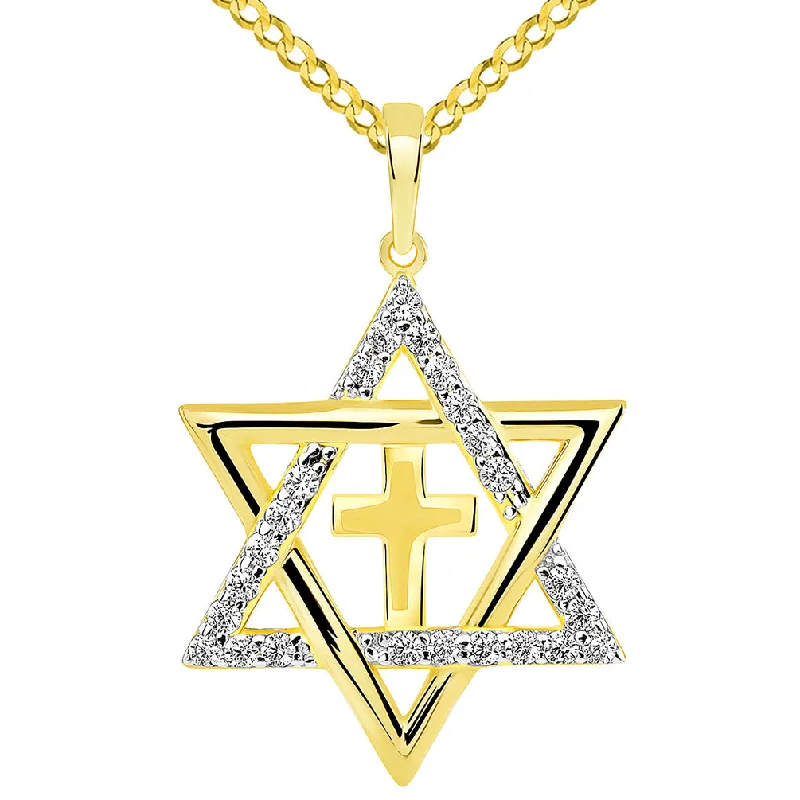 women crystal pendant necklaces -14k Yellow Gold CZ Star of David with Religious Cross Judeo Christian Pendant Cuban Necklace