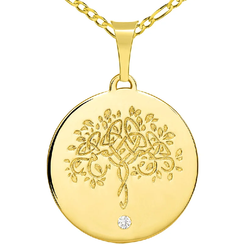 women simple pendant necklaces -14k Solid Yellow Gold Hand Engraved Tree of Life CZ Round Medallion Pendant with Figaro Chain Necklace