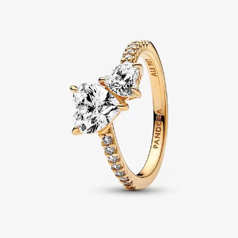 women delicate rings -PANDORA : Double Heart Sparkling Ring in Gold Plated