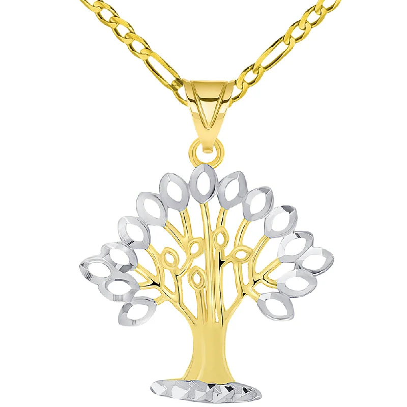 women unique charm necklaces -14k Yellow Gold Solid and Textured Tree of Life Two-Tone Pendant Necklace with Figaro Chain