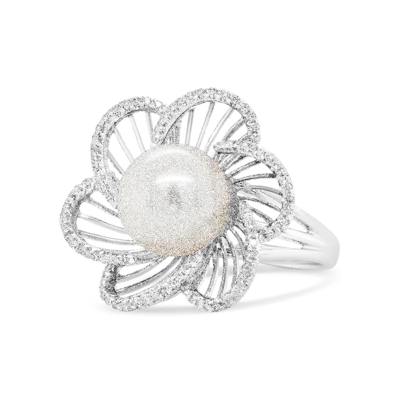 women halo engagement ring sets -14K White Gold 11mm Round Pearl and 1/3 Cttw Round Diamond Openwork Flower Blossom Ring