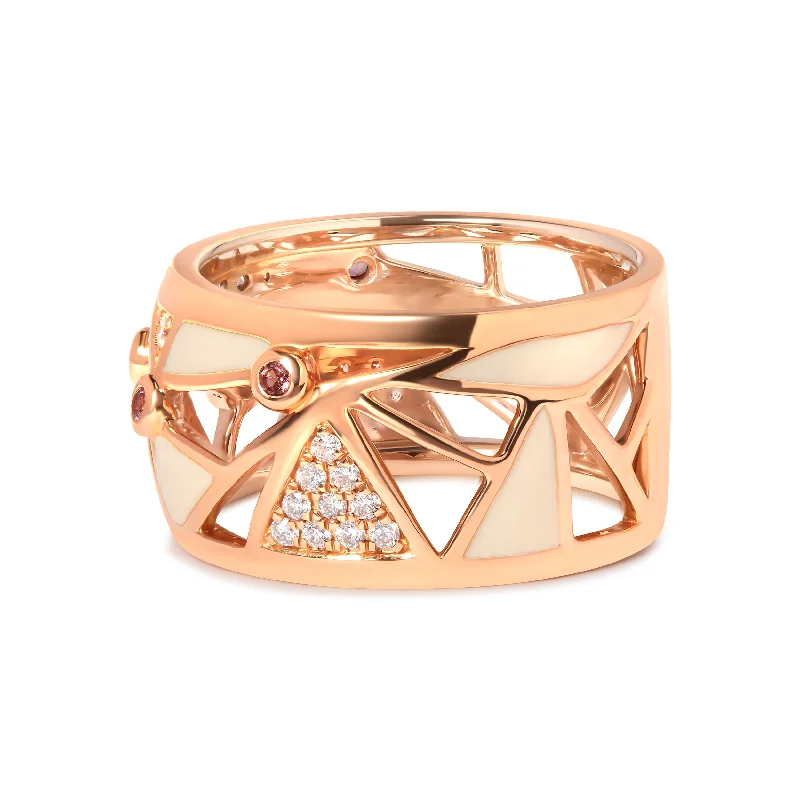 women unique wedding engagement rings -14K Rose Gold 1/3 Cttw Diamond and Pink Tourmaline Cigar Band Ring with White Enamel