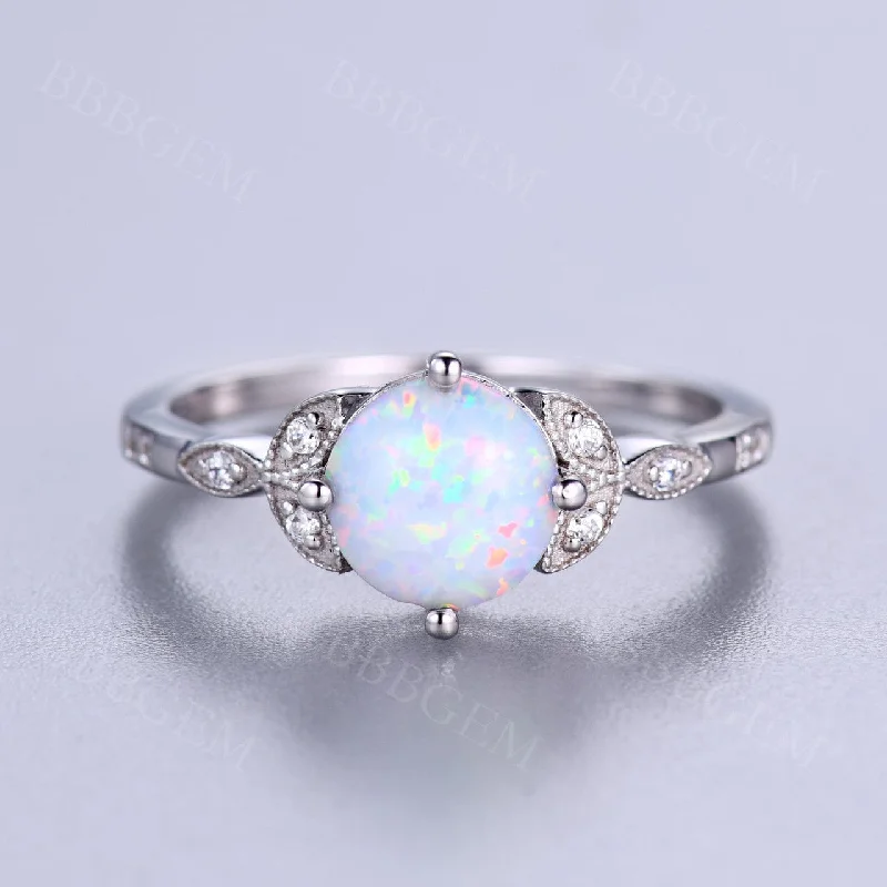 women birthstone engagement rings -Vintage Floral Opal Engagement Ring White Gold Diamond Wedding Band