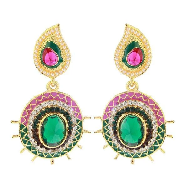 women stylish earrings -Kriaa Pink And Green Meenakari Gold Plated Dangler Earrings - 1304609