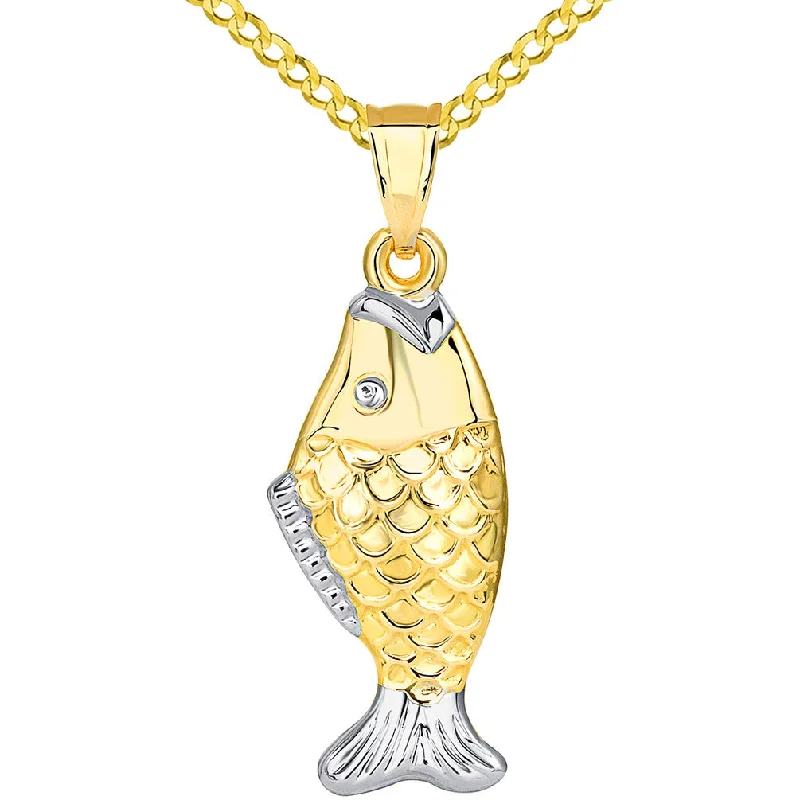 women personalized necklaces -14k Yellow Gold Well Detailed Two Tone 3D Bass Vertical Fish Pendant Cuban Necklace