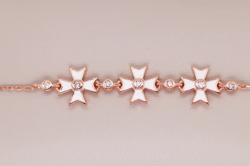 women engraved cuff bracelets -Rose Gold and White Maltese Cross Bracelet Ref: MT01B-WHITE-RG