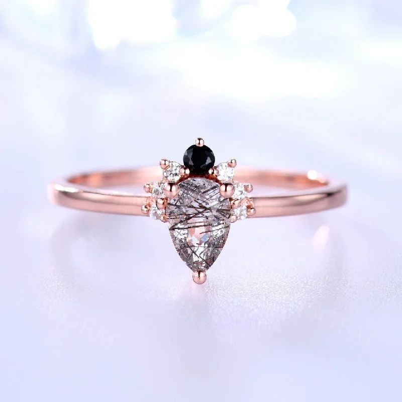 women stackable wedding engagement rings -14K/18K  Cluster Black Rutilated Quartz Diamond Engagement Rings