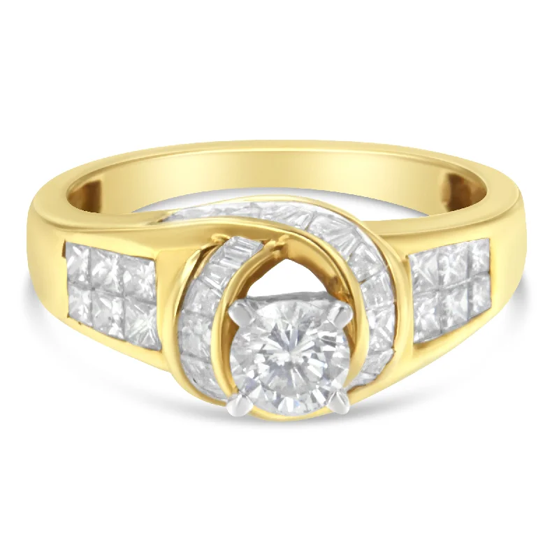 women solitaire engagement rings -14K Two-Toned Gold Round, Baguette and Princess Cut Diamond Ring