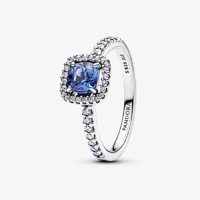 women men’s engagement rings -PANDORA : Sparkling Square Blue Halo Ring