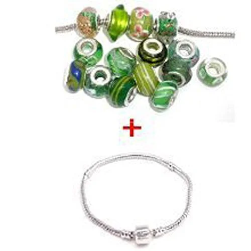 women hammered bangles -8 Inch Bracelet with Ten Assorted Green Glass Lampwork Beads