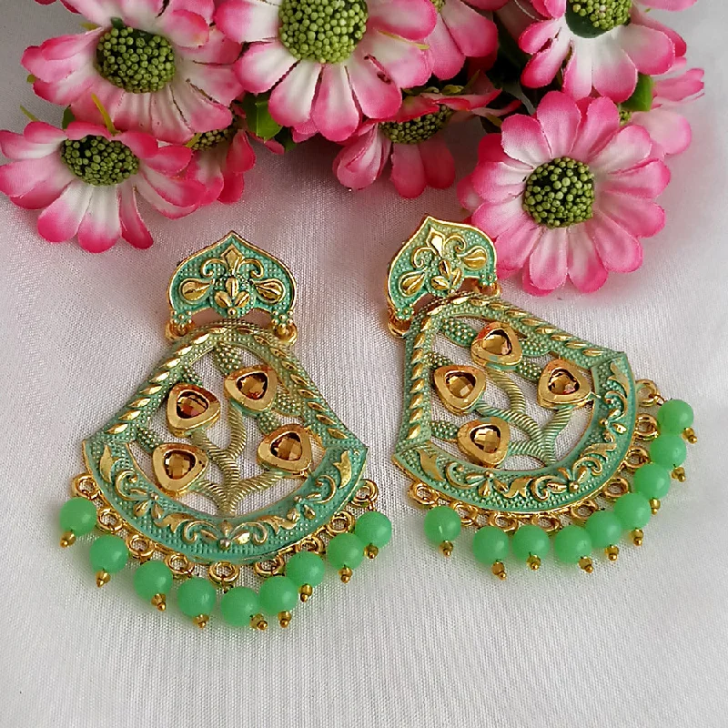 women heart-shaped earrings -Woma Matte Green Meenakari Dangler Beads Drop Earrings