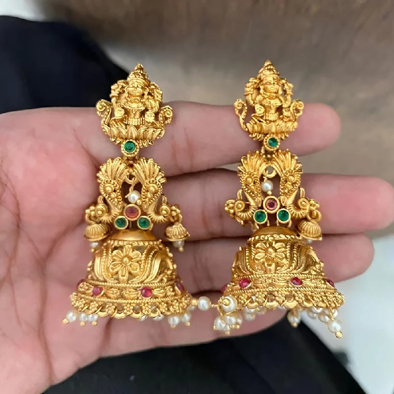 women gold drop earrings -Joyful Jewel Art Matte Gold Plated Pota Stone Temple Jhumki Earrings