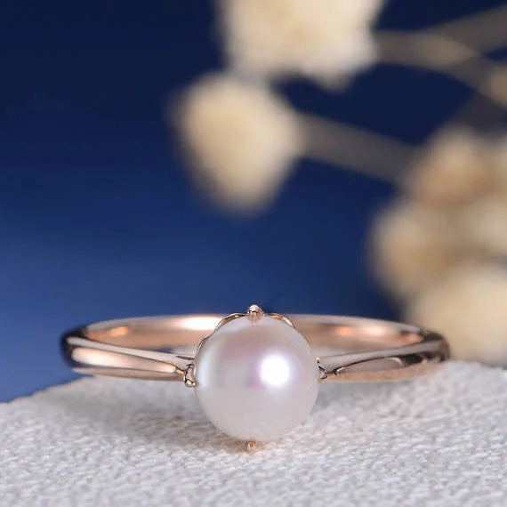 women custom engraved engagement rings -Tapered Solitaire Pearl Engagement Ring June Birthstone Vine Heart Set in Rose Gold