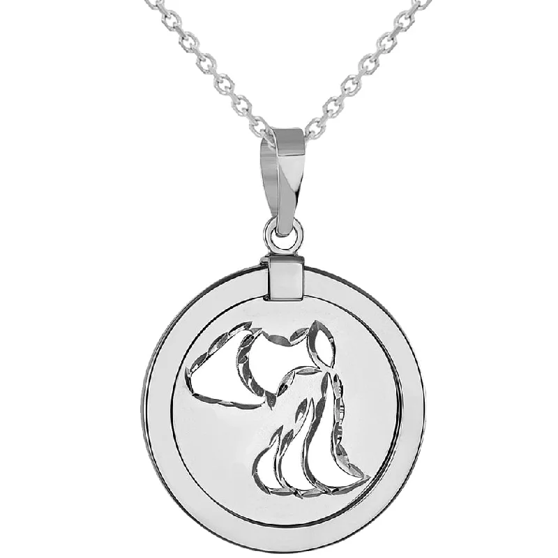 women eco-friendly necklaces -14k White Gold Round Aquarius Zodiac Sign Medallion Pendant Necklace (Reversible)