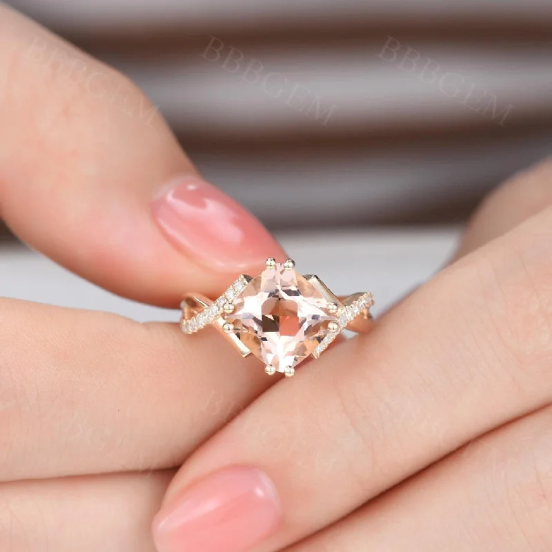 women princess cut engagement rings -2.4 Carat Cushion Cut Morganite Engagement Ring Diamond Promise Ring 14k Rose Gold Split Shank Infinity Twisted Curved