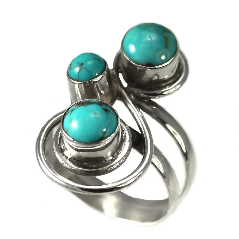 women halo rings -Sterling Silver Spiral Design Ring With Three Round Turquoise Stones