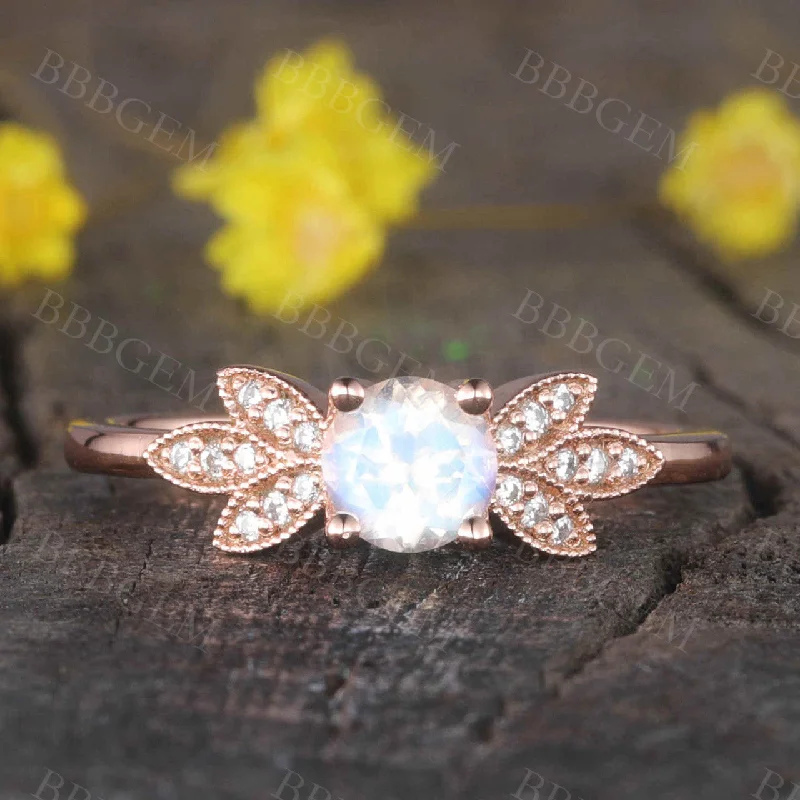 women oval engagement rings -Rainbow Mooonstone Diamond Engagement Ring Rose Gold Unique Bridal Ring