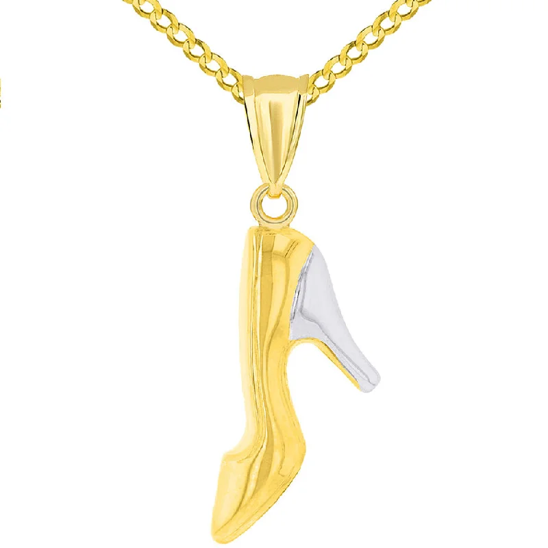 women rose gold necklaces -14k Yellow Gold Two Tone Pointed Toe High Heel Shoe Pendant with Cuban Necklace