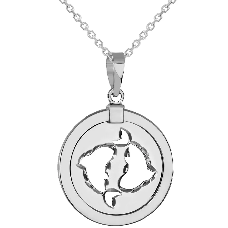 women engraved gold necklaces -14k White Gold Round Pisces Zodiac Sign Fish Animal Medallion Pendant Necklace (Reversible)