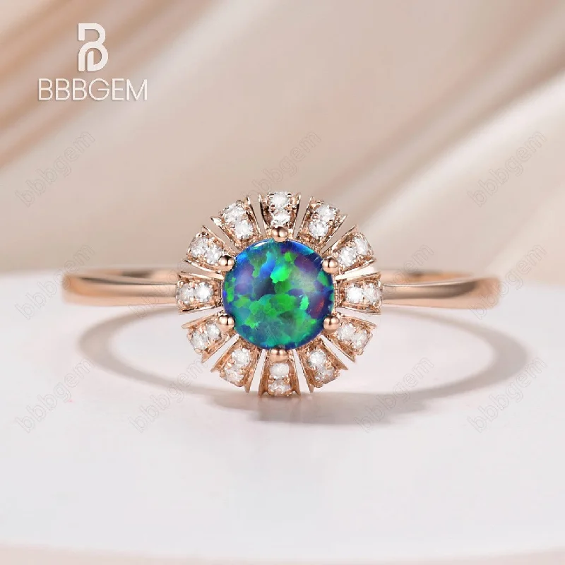 women romantic engagement rings -Unique Black Opal Diamond Engagement Ring Sun Flower 14K/18K Gold