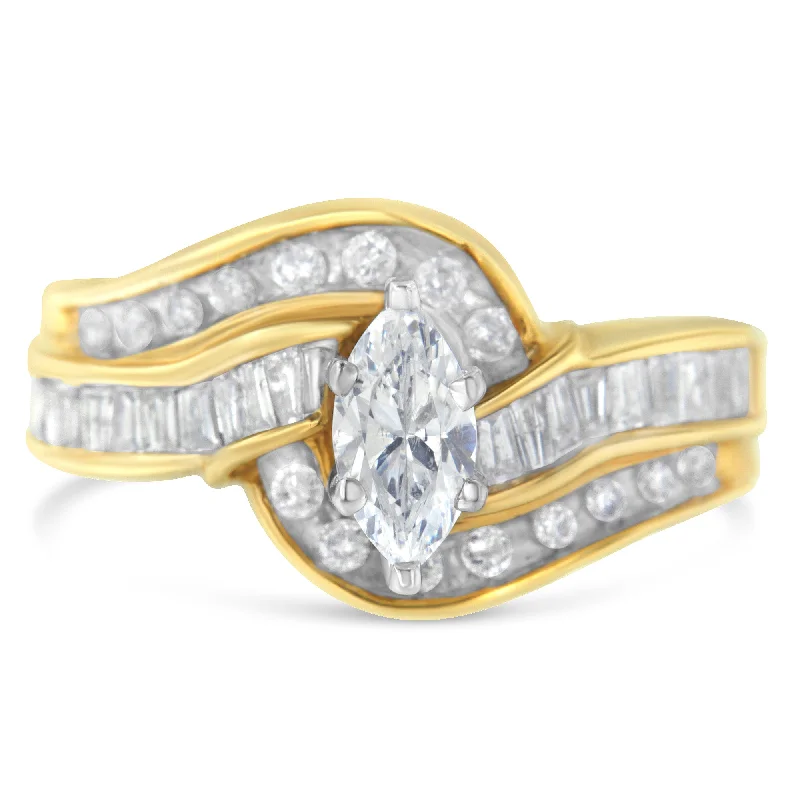 women white gold engagement rings -14KT Two-Toned Gold Marquise, Baguette and Round Cut Diamond Bypass Ring