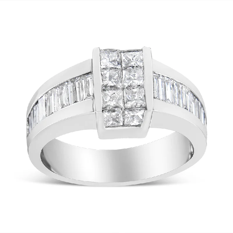 women ruby engagement rings -14K White Gold 2 3/4 Cttw Invisible-Set Princess and Channel-Set Baguette Diamond Step Up Cocktail Ring