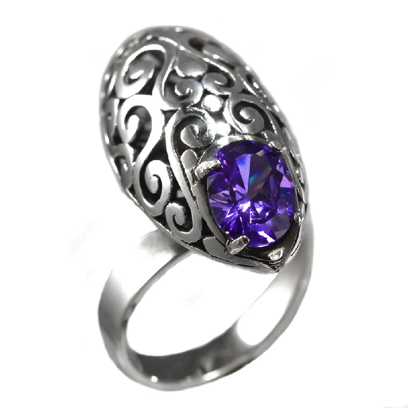 women modern rings -Sterling Silver Oval Filigree Ring With Amethyst