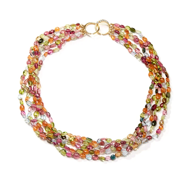 women round pendant necklaces -Five Strand Multicolor Bead Necklace