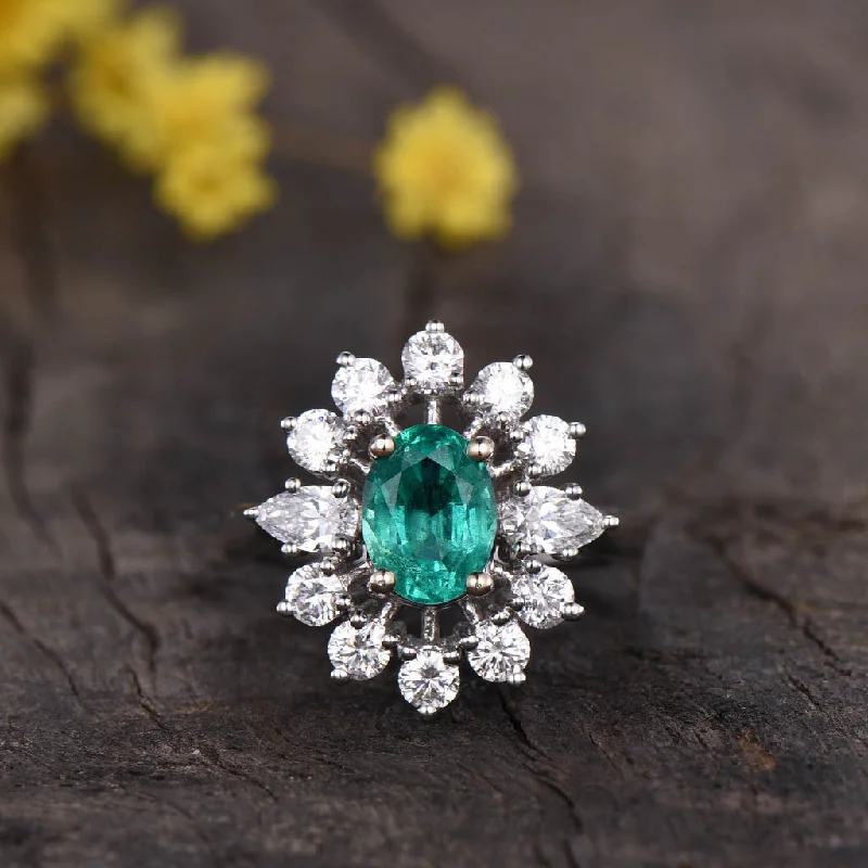 women solitaire engagement rings -Vintage Natural Emerald And Moissanite/Diamond Engagement Ring Floral