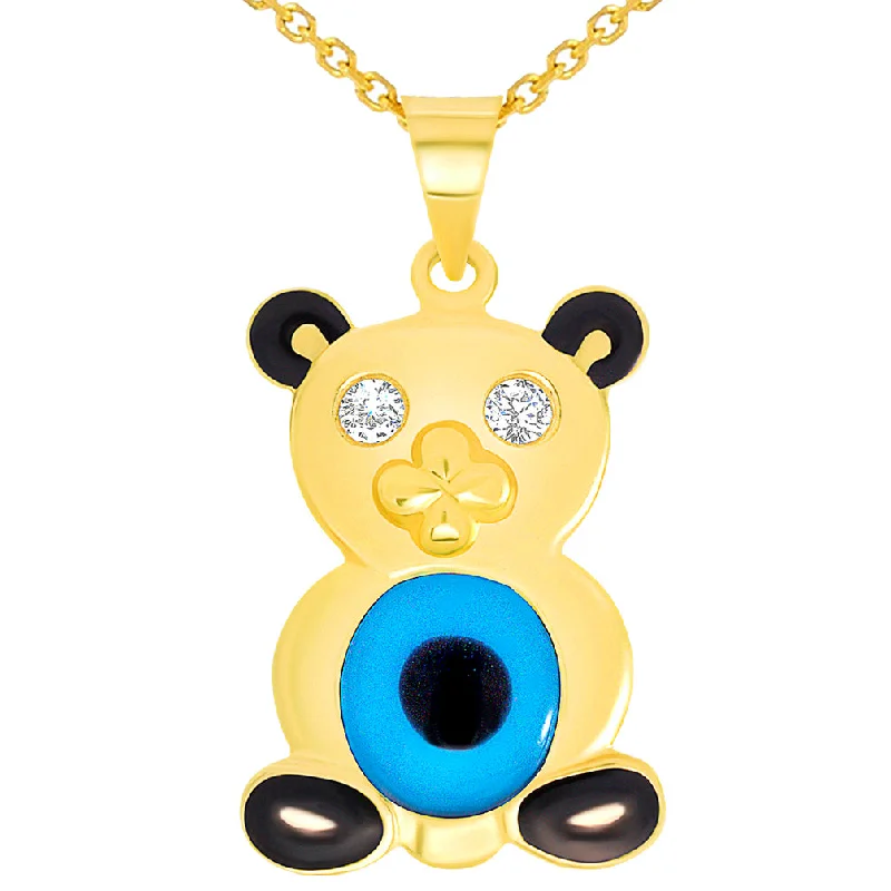 women round pendant necklaces -14k Yellow Gold Cubic Zirconia Teddy Bear with Blue Evil Eye Pendant Necklace