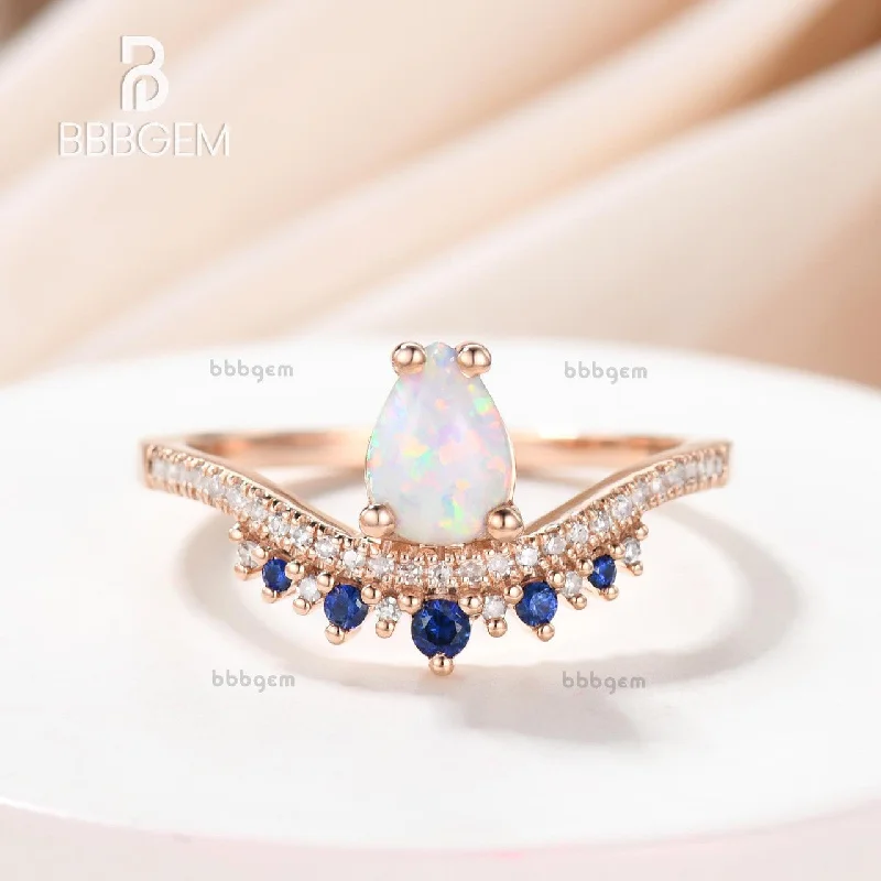 women pear-shaped engagement rings -Pear Cut White Fire Opal Ring Vintage Blue Sapphire Gemstone Ring 14K Rose Gold Engagement Ring