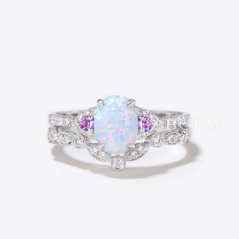 women luxury halo engagement rings -Oval Opal Diamond Engagement Ring Rose Gold Art Deco Amethyst Ring