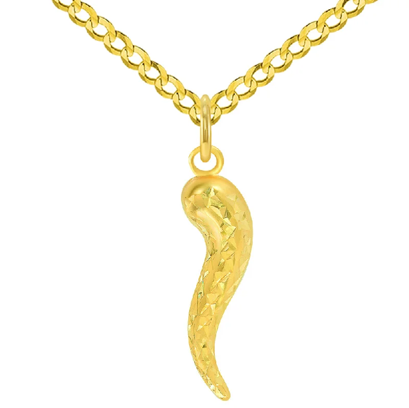 women trendy necklaces -14k Yellow Gold Textured Dainty Mini Cornicello Horn Charm Pendant with Cuban Curb Chain Necklace