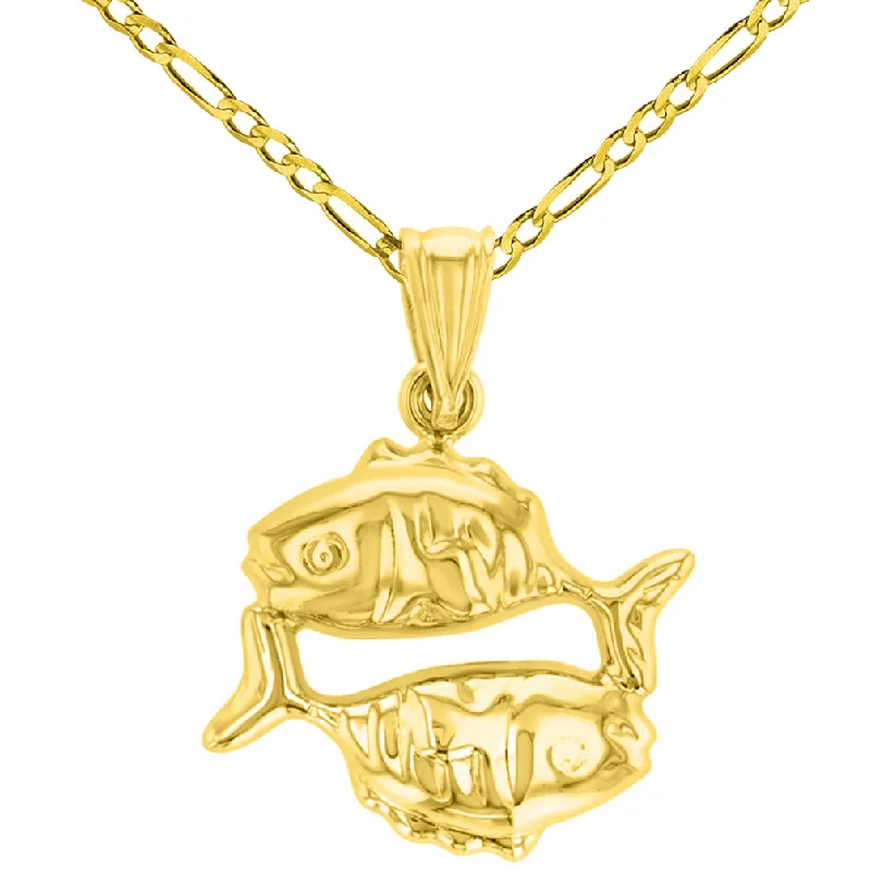 women round pendant necklaces -High Polish 14k Yellow Gold 3D Pisces Zodiac Sign Charm Fish Animal Pendant Figaro Chain Necklace