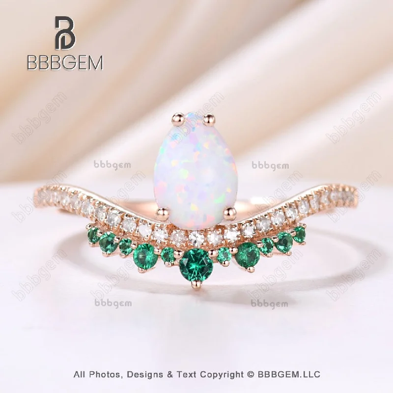 women vintage gold engagement rings -Vintage Opal Emerald Engagement Ring October Birthstone Art Deco Rose Gold Diamond Band