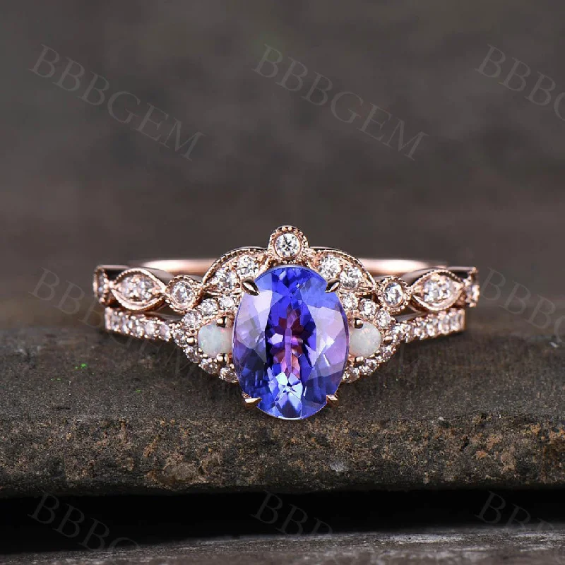 women engagement rings with side stones -Oval Tanzanite engagement ring rose gold diamond art deco eternity band