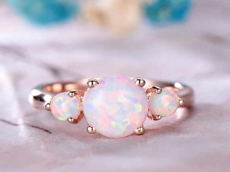 women oval engagement rings -7mm Round Cut Floating Three Stone Opal Engagement Ring,14k Rose Gold