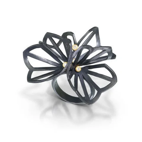 women vintage-style rings -Double Hyacinth Origami Ring in Oxidized Silver with 18k Gold and Diamonds by Karin Jacobson