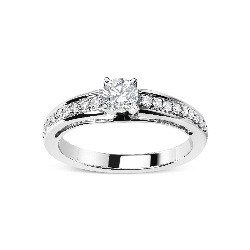 women unique cut engagement rings -14K White Gold 1/2 Cttw Diamond Solitaire Pave Set Engagement Ring