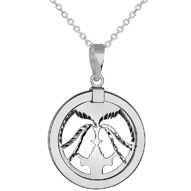 women simple pendant necklaces -14k White Gold Round Gemini Twins Zodiac Sign Medallion Pendant Necklace (Reversible)