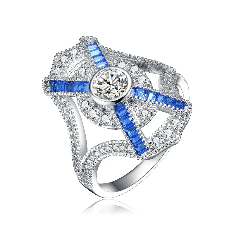 women floral engagement rings -GENEVIVE Sterling Silver Sapphire Cubic Zirconia Geometrical Coctail Ring