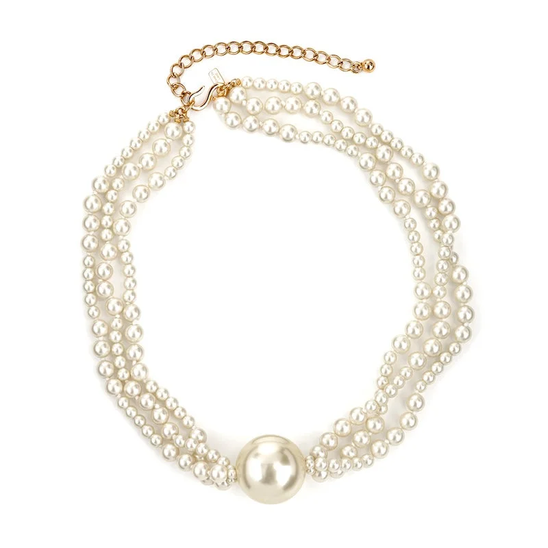 women custom engraved gold necklaces -3 Row Pearl Clasp Necklace