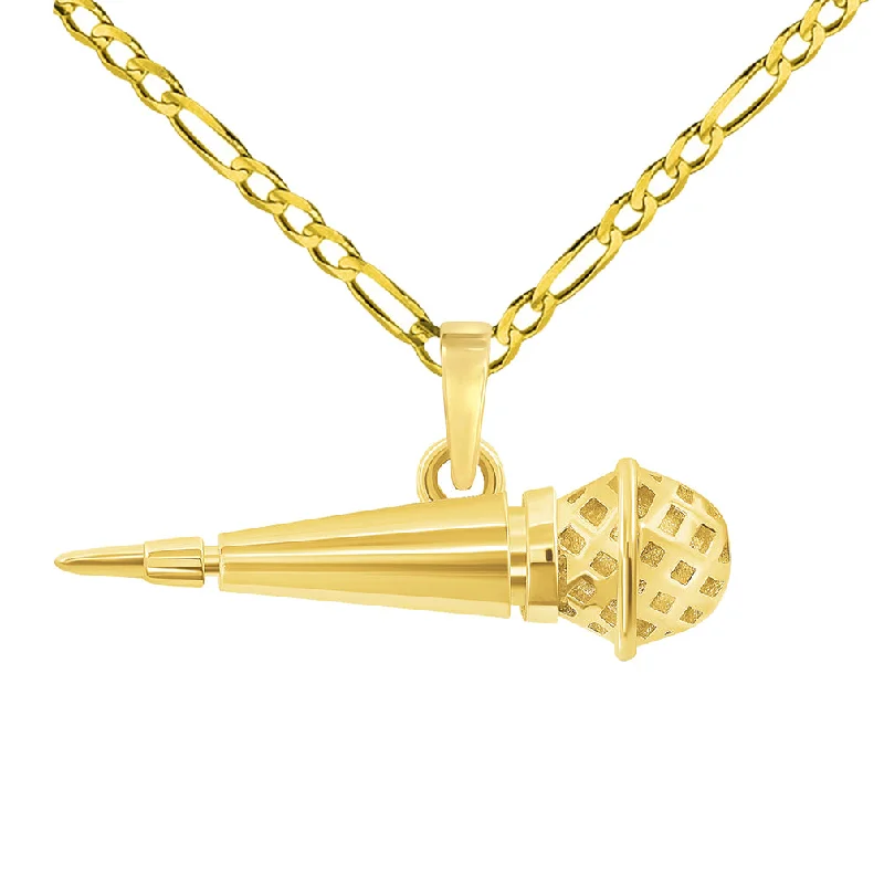 women crystal necklaces -14k Yellow Gold Dynamic Microphone Charm Musical Instrument Pendant with Figaro Chain Necklace