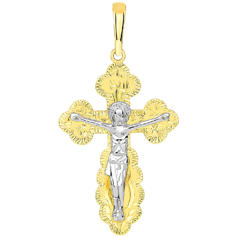 women vintage-style necklaces -14k Yellow Gold Two Tone Russian Orthodox Save & Protect Cross Jesus Crucifix Pendant Cuban Necklace