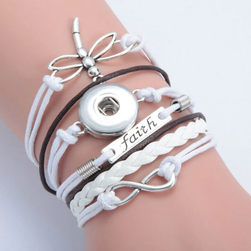 women custom engraved bangles -Multi Layered Polyurethane Brown & White Cord Dragonfly Infinity Symbol " Faith " Snap Button Bracelet