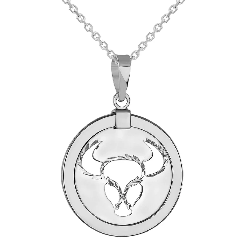 women monogram necklaces -14k White Gold Round Taurus Zodiac Sign Bull Animal Medallion Pendant Necklace (Reversible)