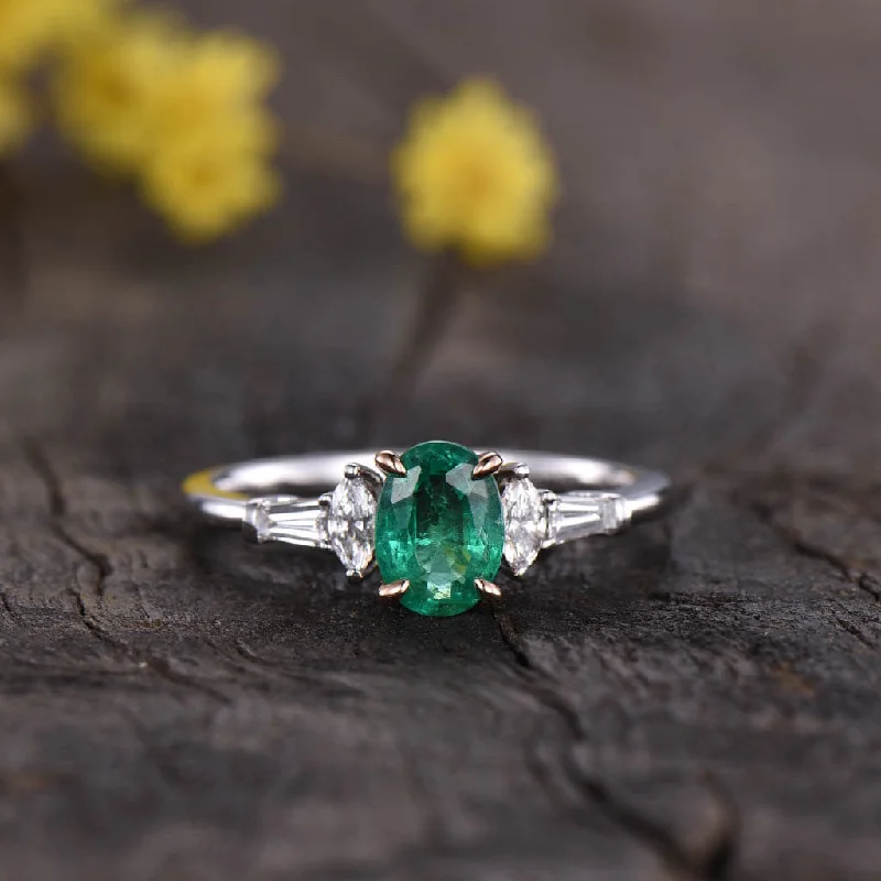 women one-of-a-kind engagement rings -Two Tone Natural Oval Emerald Diamond Engagement Ring